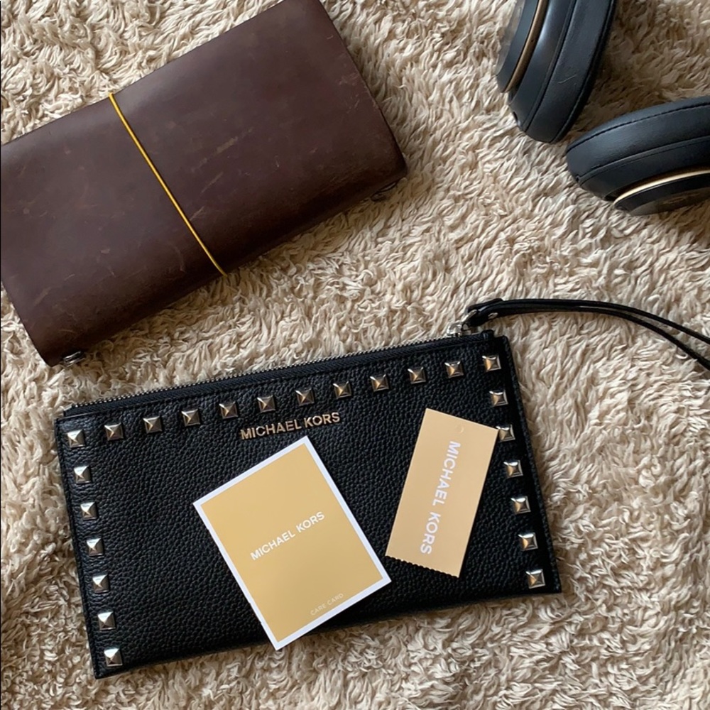 Michael Kors Studded LG Black Leather Zip Clutch